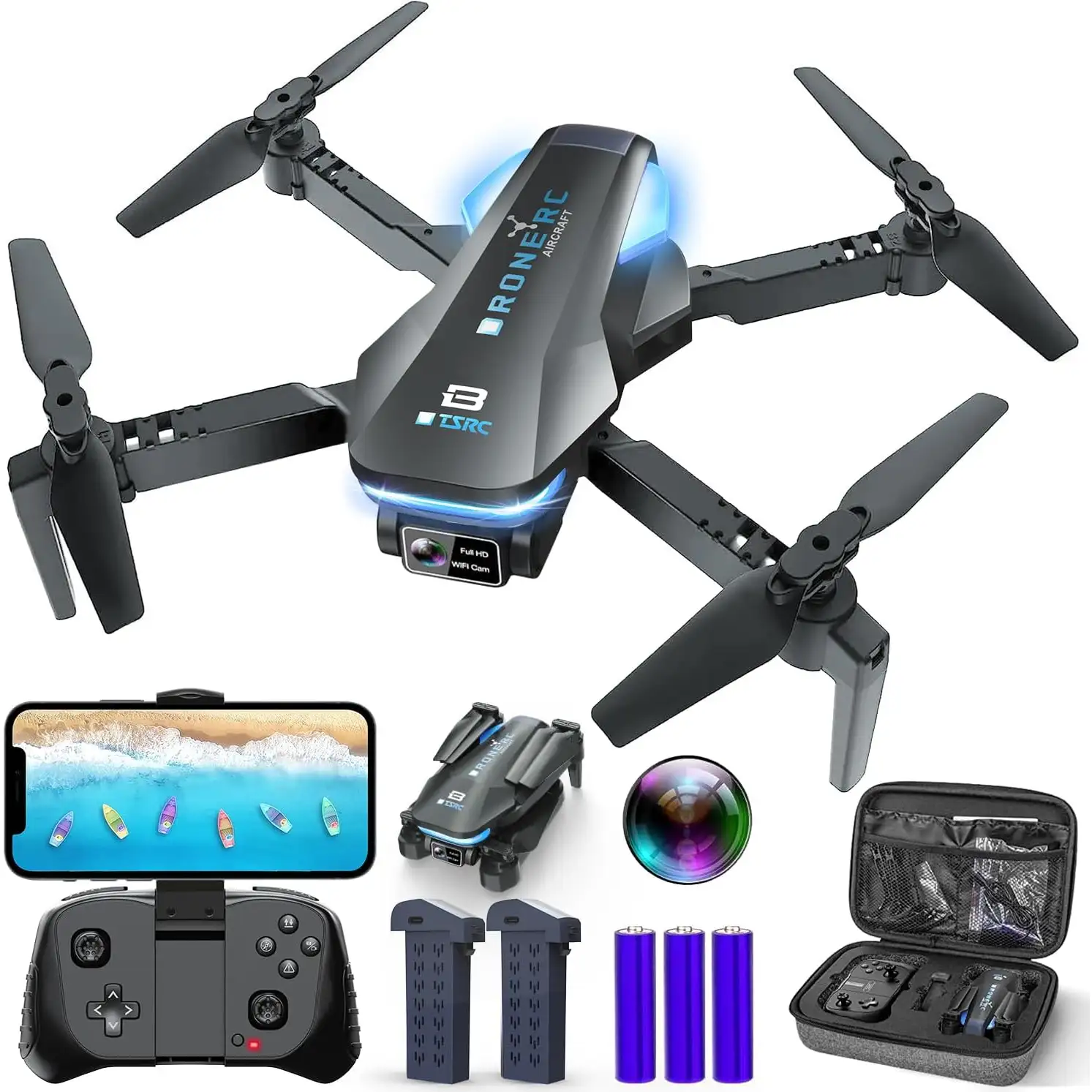 TENSSENX Drone with Camera, 1080P HD FPV Foldable RC Quadcopter with 90° Adjustable Lens - 1
